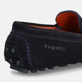 A blue Men's bugatti Drivers featuring a square toe apron toe, zero heels heel. Made from premium genuine leather with a durable pu outsole, this slip-on design offers both style and comfort.