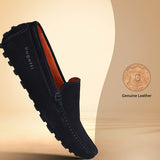 A blue Men's bugatti Drivers featuring a square toe apron toe, zero heels heel. Made from premium genuine leather with a durable pu outsole, this slip-on design offers both style and comfort.