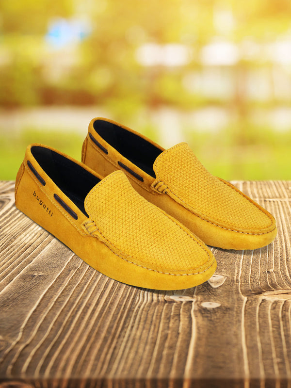 A yellow Men's bugatti Drivers featuring a square toe apron toe, zero heels heel. Made from premium genuine leather with a durable pu outsole, this slip-on design offers both style and comfort.