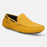A yellow Men's bugatti Drivers featuring a square toe apron toe, zero heels heel. Made from premium genuine leather with a durable pu outsole, this slip-on design offers both style and comfort.