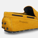 A yellow Men's bugatti Drivers featuring a square toe apron toe, zero heels heel. Made from premium genuine leather with a durable pu outsole, this slip-on design offers both style and comfort.