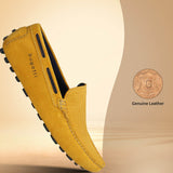 A yellow Men's bugatti Drivers featuring a square toe apron toe, zero heels heel. Made from premium genuine leather with a durable pu outsole, this slip-on design offers both style and comfort.