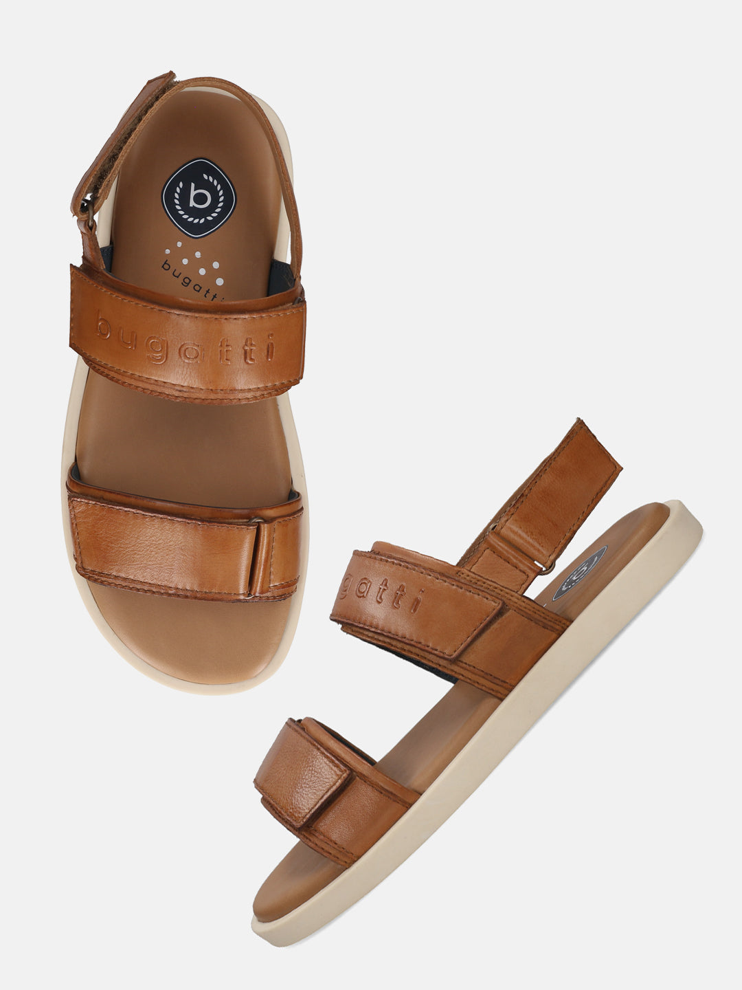 Men's Bugatti back strap cognac leather shoes with a round toe , a tpr outsole.