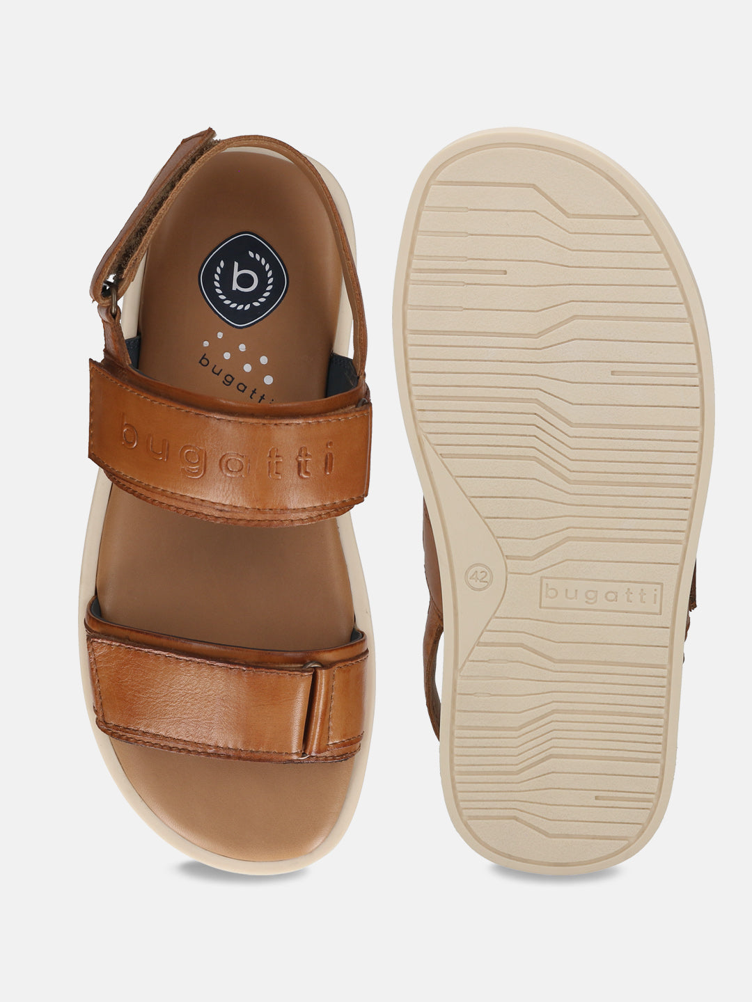 Men's Bugatti back strap cognac leather shoes with a round toe , a tpr outsole.