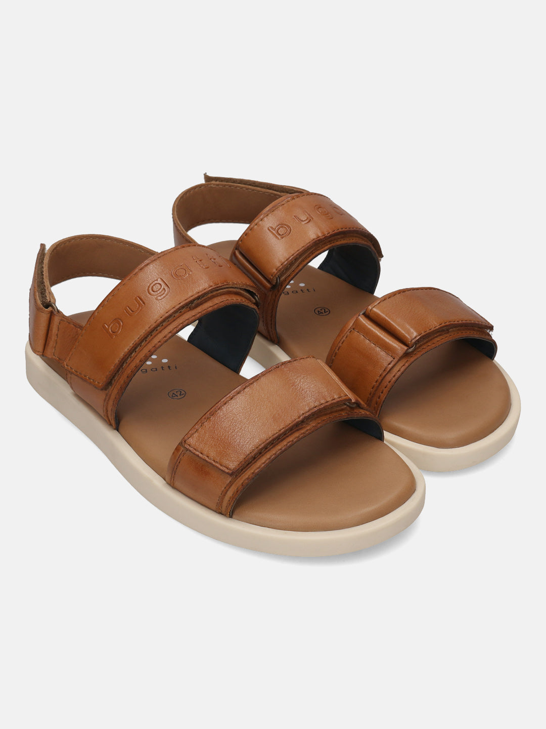 Men's Bugatti back strap cognac leather shoes with a round toe , a tpr outsole.