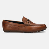 A cognac Men's bugatti Drivers featuring a round toe apron toe, zero heels heel. Made from premium genuine leather with a durable rubber outsole, this slip-on design offers both style and comfort.