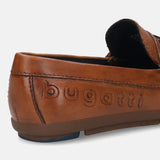 A cognac Men's bugatti Drivers featuring a round toe apron toe, zero heels heel. Made from premium genuine leather with a durable rubber outsole, this slip-on design offers both style and comfort.