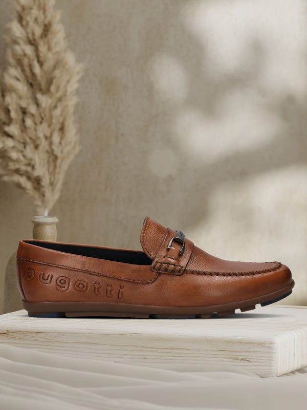 A cognac Men's bugatti Drivers featuring a round toe apron toe, zero heels heel. Made from premium genuine leather with a durable rubber outsole, this slip-on design offers both style and comfort.