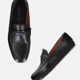 A black Men's bugatti Drivers featuring a round toe apron toe, zero heels heel. Made from premium genuine leather with a durable rubber outsole, this slip-on design offers both style and comfort.