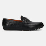 A black Men's bugatti Drivers featuring a round toe apron toe, zero heels heel. Made from premium genuine leather with a durable rubber outsole, this slip-on design offers both style and comfort.