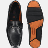 A black Men's bugatti Drivers featuring a round toe apron toe, zero heels heel. Made from premium genuine leather with a durable rubber outsole, this slip-on design offers both style and comfort.