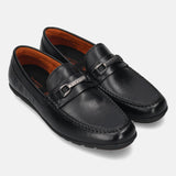 A black Men's bugatti Drivers featuring a round toe apron toe, zero heels heel. Made from premium genuine leather with a durable rubber outsole, this slip-on design offers both style and comfort.