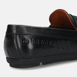 A black Men's bugatti Drivers featuring a round toe apron toe, zero heels heel. Made from premium genuine leather with a durable rubber outsole, this slip-on design offers both style and comfort.
