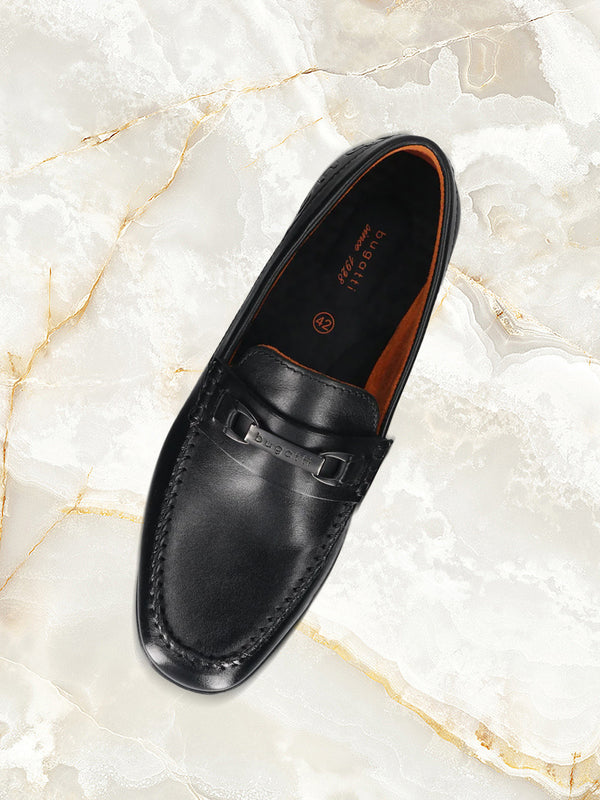 A black Men's bugatti Drivers featuring a round toe apron toe, zero heels heel. Made from premium genuine leather with a durable rubber outsole, this slip-on design offers both style and comfort.