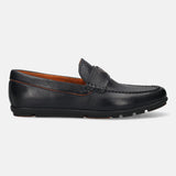 A blue Men's bugatti Drivers featuring a round toe apron toe, zero heels heel. Made from premium genuine leather with a durable rubber outsole, this slip-on design offers both style and comfort.