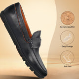 A blue Men's bugatti Drivers featuring a round toe apron toe, zero heels heel. Made from premium genuine leather with a durable rubber outsole, this slip-on design offers both style and comfort.