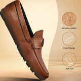 A cognac Men's bugatti Drivers featuring a round toe apron toe, zero heels heel. Made from premium genuine leather with a durable rubber outsole, this slip-on design offers both style and comfort.