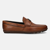 A cognac Men's bugatti Drivers featuring a round toe apron toe, zero heels heel. Made from premium genuine leather with a durable rubber outsole, this slip-on design offers both style and comfort.