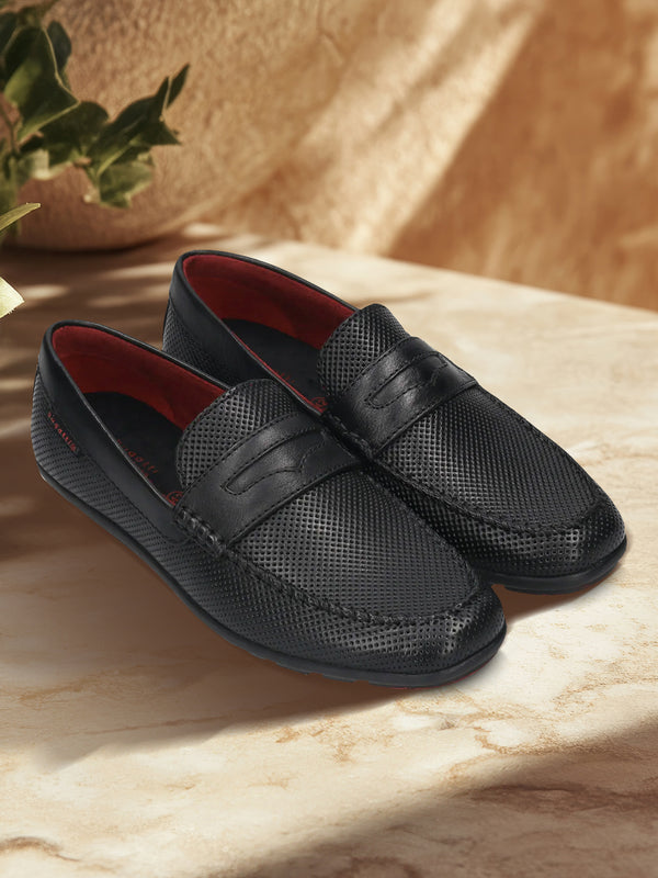 A black Men's bugatti Drivers featuring a round toe apron toe, zero heels heel. Made from premium genuine leather with a durable rubber outsole, this slip-on design offers both style and comfort.