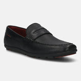 A black Men's bugatti Drivers featuring a round toe apron toe, zero heels heel. Made from premium genuine leather with a durable rubber outsole, this slip-on design offers both style and comfort.