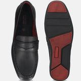 A black Men's bugatti Drivers featuring a round toe apron toe, zero heels heel. Made from premium genuine leather with a durable rubber outsole, this slip-on design offers both style and comfort.