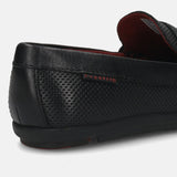 A black Men's bugatti Drivers featuring a round toe apron toe, zero heels heel. Made from premium genuine leather with a durable rubber outsole, this slip-on design offers both style and comfort.