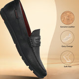 A black Men's bugatti Drivers featuring a round toe apron toe, zero heels heel. Made from premium genuine leather with a durable rubber outsole, this slip-on design offers both style and comfort.