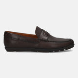 A brown Men's bugatti Drivers featuring a round toe apron toe, zero heels heel. Made from premium genuine leather with a durable rubber outsole, this slip-on design offers both style and comfort.