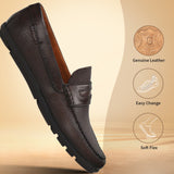 A brown Men's bugatti Drivers featuring a round toe apron toe, zero heels heel. Made from premium genuine leather with a durable rubber outsole, this slip-on design offers both style and comfort.