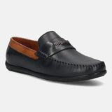 Men's Bugatti drivers blue leather shoes with a round toe and apron toe , a tpr outsole.