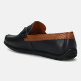 Men's Bugatti drivers blue leather shoes with a round toe and apron toe , a tpr outsole.
