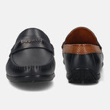 Men's Bugatti drivers blue leather shoes with a round toe and apron toe , a tpr outsole.
