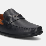Men's Bugatti drivers blue leather shoes with a round toe and apron toe , a tpr outsole.