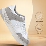 A white Men's bugatti Sneakers featuring a round plain toe, zero heels heel. Made from suede leather with a durable tpr outsole, this laces design offers both style and comfort.