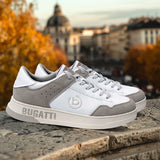 A white Men's bugatti Sneakers featuring a round plain toe, zero heels heel. Made from suede leather with a durable tpr outsole, this laces design offers both style and comfort.