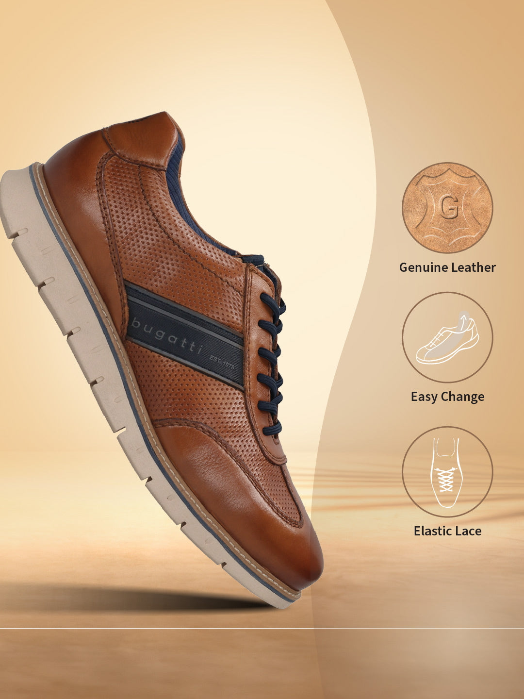Men's Bugatti leather cognac leather shoes with a round toe , a tpr outsole , and laces fastening.