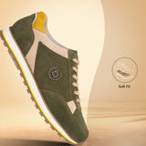 A green Men's bugatti Sneakers featuring a round plain toe, zero heels heel. Made from suede leather with a durable eva outsole, this laces design offers both style and comfort.