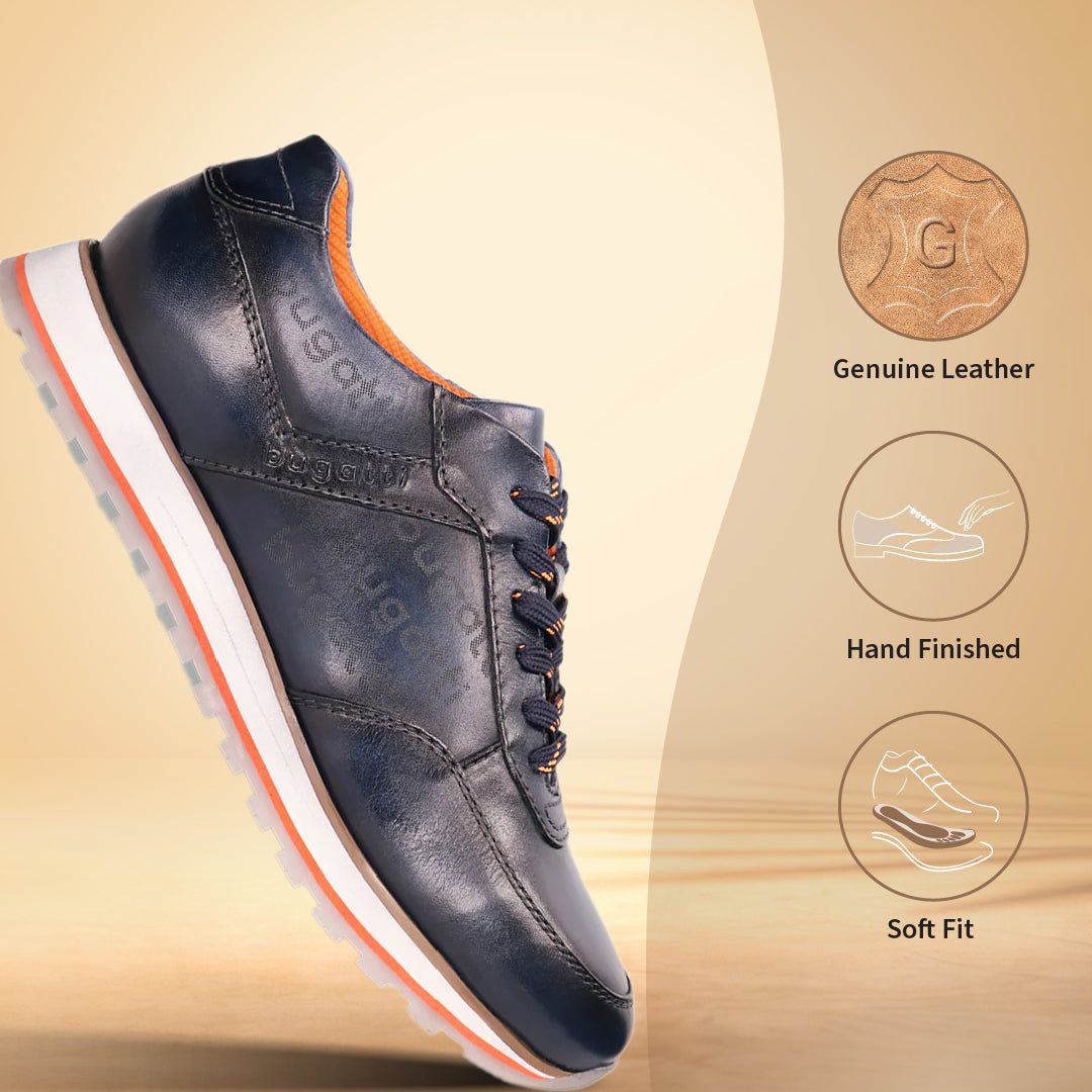 A blue Men's bugatti Sneakers featuring a round  plain toe, zero heels heel. Made from premium genuine leather with a durable eva outsole, this laces design offers both style and comfort.