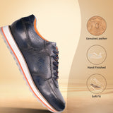 A blue Men's bugatti Sneakers featuring a round plain toe, zero heels heel. Made from premium genuine leather with a durable eva outsole, this laces design offers both style and comfort.