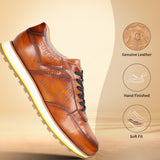 A cognac Men's bugatti Sneakers featuring a round plain toe, zero heels heel. Made from premium genuine leather with a durable eva outsole, this laces design offers both style and comfort.