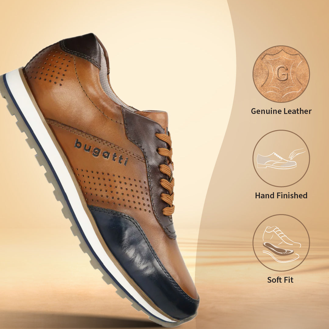 A blue Men's bugatti Sneakers featuring a round toe plain toe, zero heels heel. Made from premium genuine leather with a durable eva outsole, this laces design offers both style and comfort.
