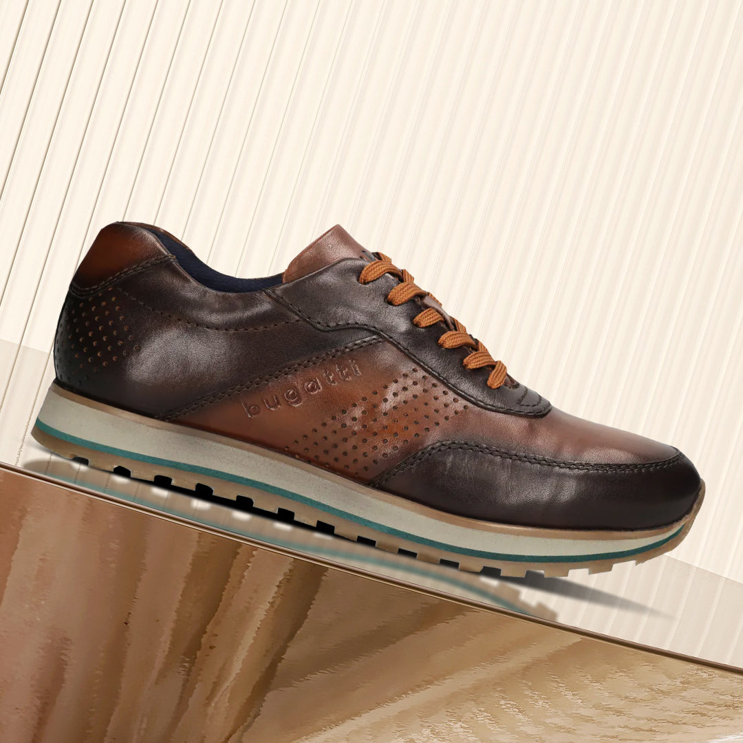A brown Men's bugatti Sneakers featuring a round toe plain toe, zero heels heel. Made from premium genuine leather with a durable eva outsole, this laces design offers both style and comfort.