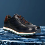 A blue Men's bugatti Sneakers featuring a round toe plain toe, zero heels heel. Made from premium genuine leather with a durable eva outsole, this laces design offers both style and comfort.