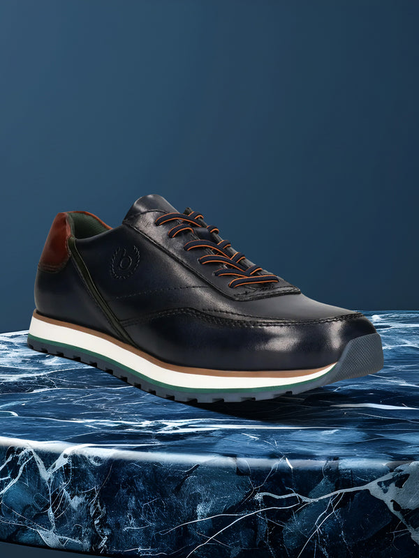 A blue Men's bugatti Sneakers featuring a round toe plain toe, zero heels heel. Made from premium genuine leather with a durable eva outsole, this laces design offers both style and comfort.