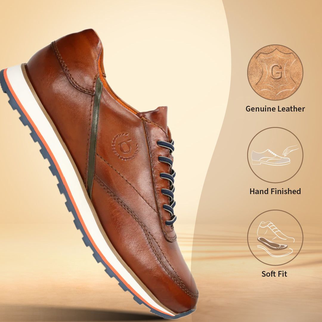 A cognac Men's bugatti Sneakers featuring a round toe plain toe, zero heels heel. Made from premium genuine leather with a durable eva outsole, this laces design offers both style and comfort.