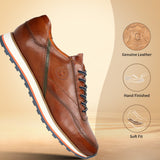 A cognac Men's bugatti Sneakers featuring a round toe plain toe, zero heels heel. Made from premium genuine leather with a durable eva outsole, this laces design offers both style and comfort.