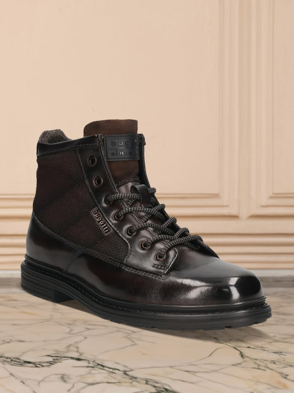 A brown Men's bugatti Ankle Boots featuring a round toe plain toe, moulded  heel. Made from premium genuine leather with a durable tr outsole, this zipper design offers both style and comfort.