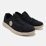 A black Men's bugatti Sneakers featuring a round plain toe, zero heels heel. Made from textile with a durable eva outsole, this laces design offers both style and comfort.