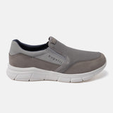 A grey Men's bugatti Slip-On Sneakers featuring a round plain toe, zero heels heel. Made from textile with a durable eva outsole, this slip-on design offers both style and comfort.
