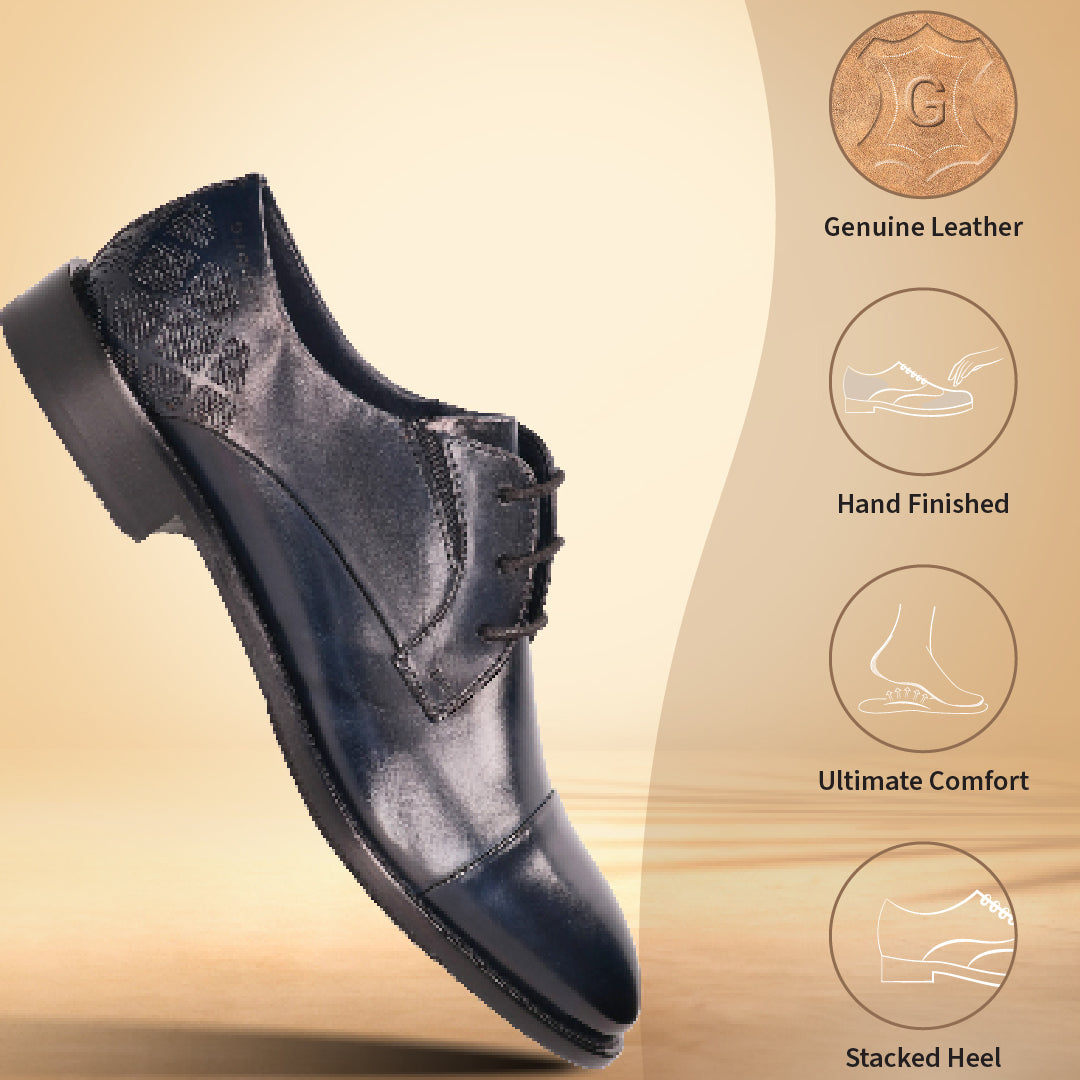 A blue Men's bugatti Derby featuring a round cap toe, stacked heel. Made from premium genuine leather with a durable leather outsole, this laces design offers both style and comfort.